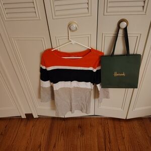 Croft 🍊& Barrow Orange Navy Striped Button-Shoulder Top